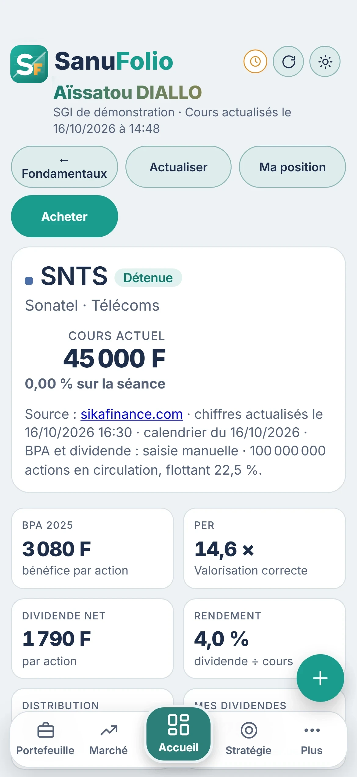 Fiche SONATEL dans SanuFolio : cours, BPA, PER, dividende net et rendement